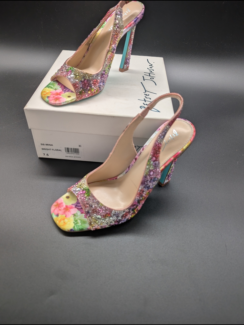 Betsey Johnson Multicolor Floral Crystal Peep-Toe Slingback Heels